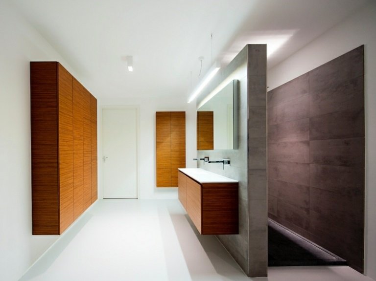 badrum modern inredning öppen dusch betong trämöbler minimalistisk