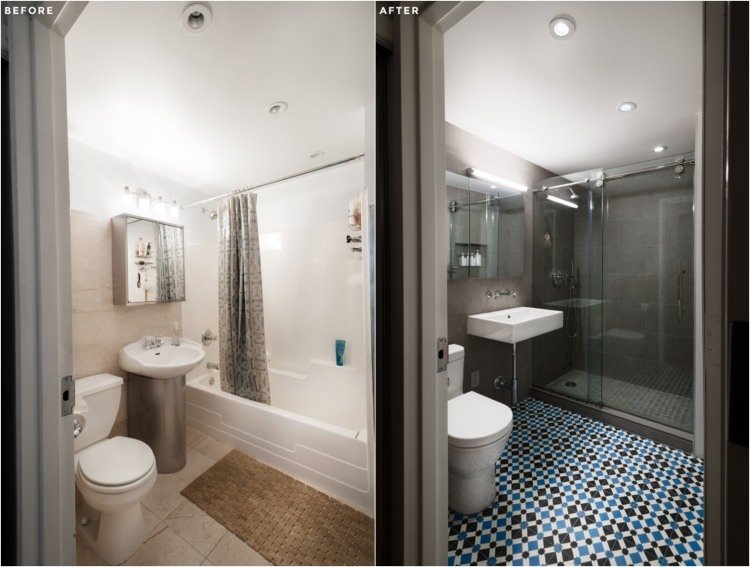 badrum-renovera-före-efter-mörka-färger-mönstrade-golv-kakel-glas-dusch