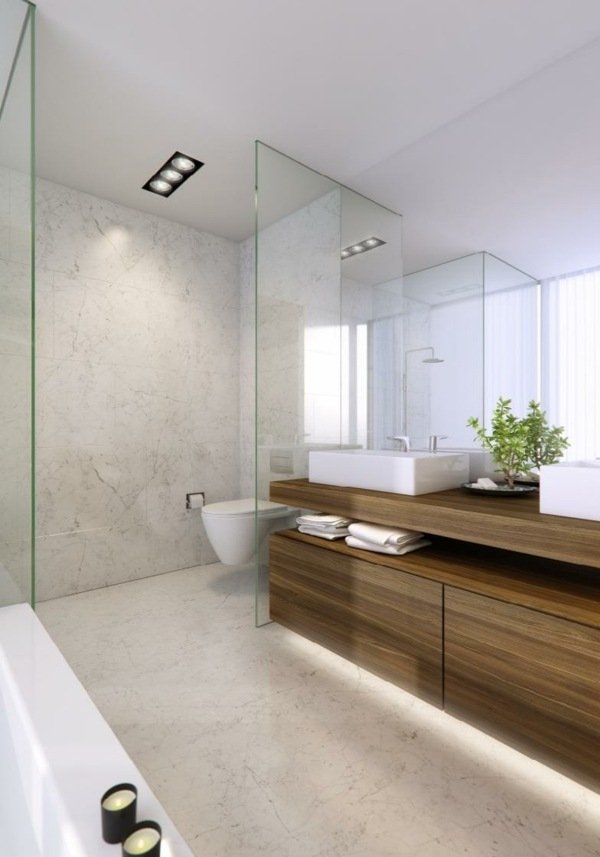 Toalett-och-badkar-glas partition-tvättställ skåp-trä
