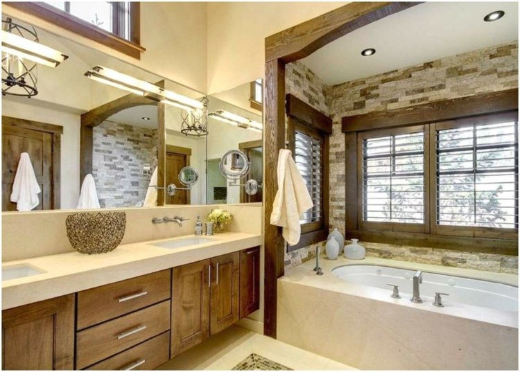 nisch badkar stil inspiration rustik trä badrum konsol spegel