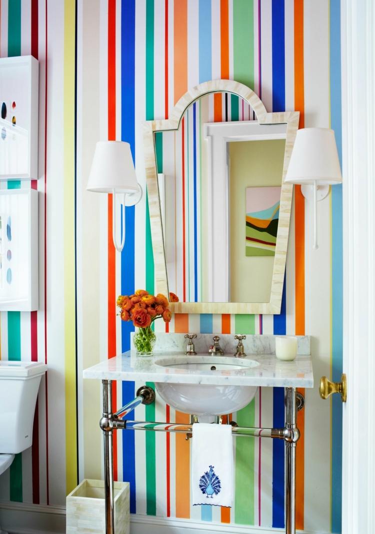 måla badrum färgglada ränder sjunker retro spegel vintage vägglampor