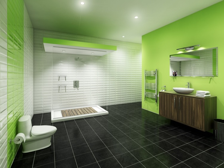 målning badrum gröna väggplattor svart öppen dusch träskåp
