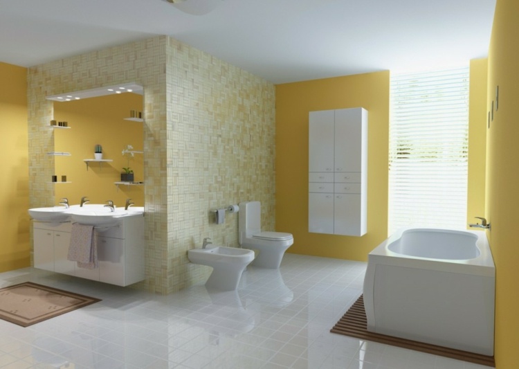 målning badrum gul vit kakel tapet effekt högglans modern