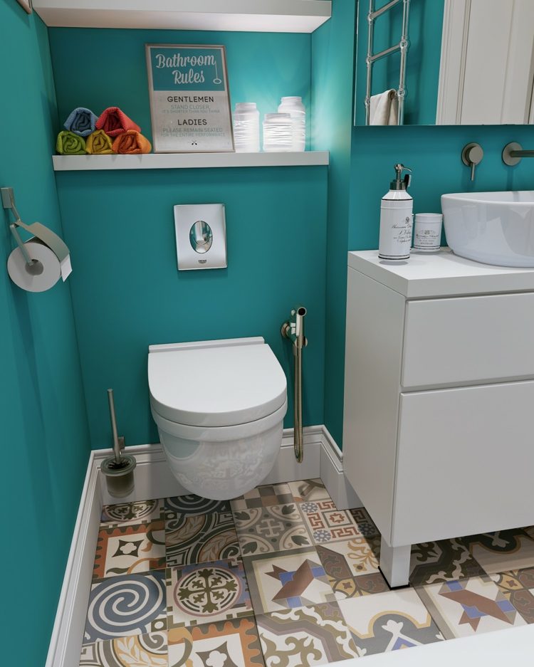 måla badrum lapptäcke kakel turkos vägg design toalett modern garderob