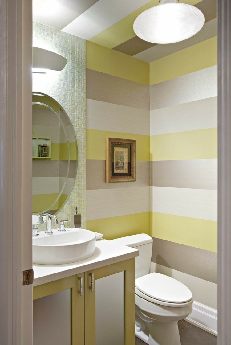 måla badrum rund spegel vägg bygga ränder vitt gult silver