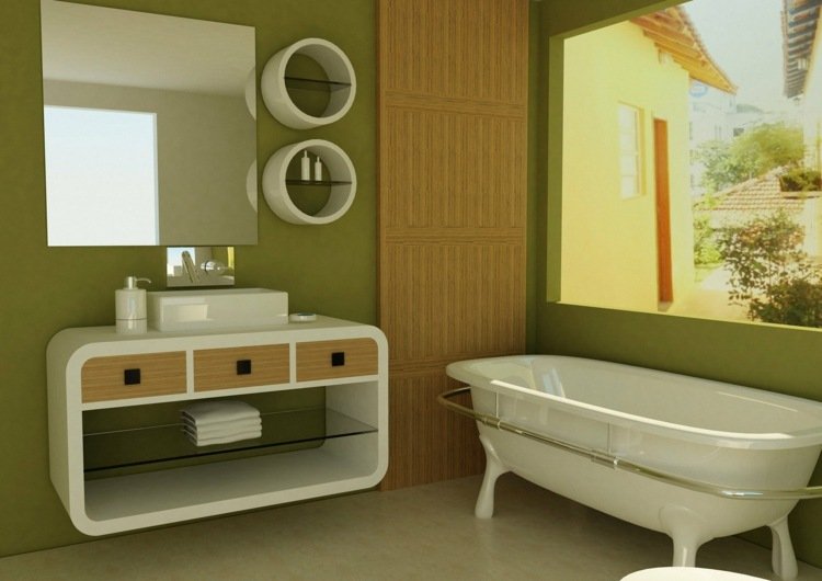 måla badrum modern tvättkonsol rund hylla badkar grön vägg design