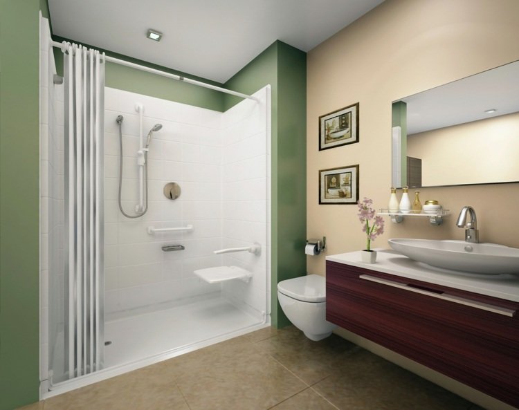 måla badrumsfärger kombinera beige grön stor dusch tvättkonsol modern