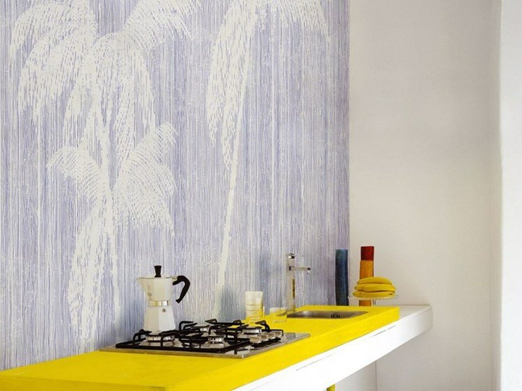 tapet badrum palmer regnmotiv miami design svart vit ljusblå