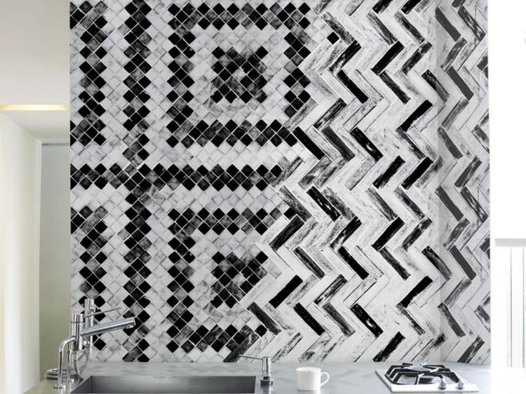badrum tapeter svart och vitt geometrisk mosaik look criss cross