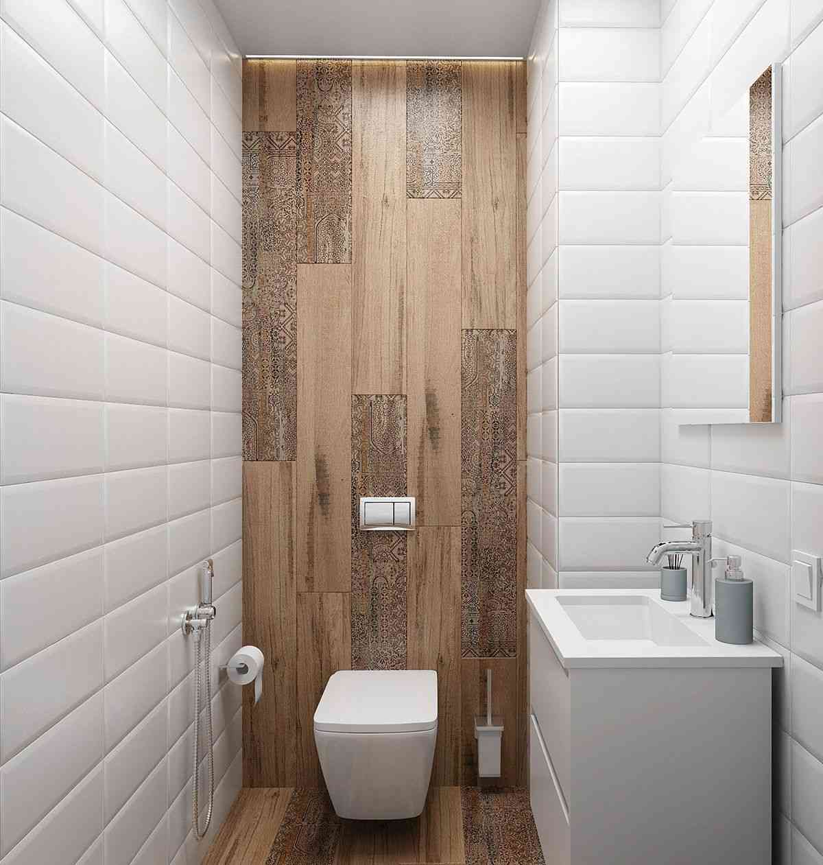 badrum vitt med trädekorplattor och tunnelplattor väggtoalett