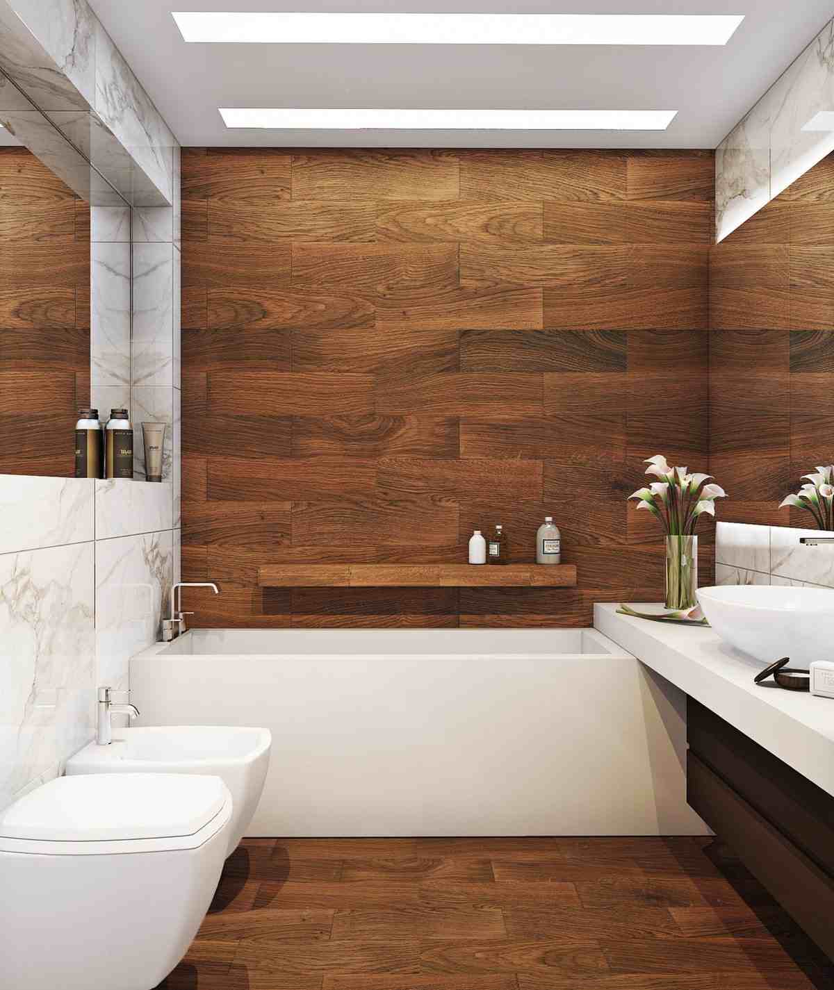 badrum vitt med mörkt trä kombinerat med marmorplattor