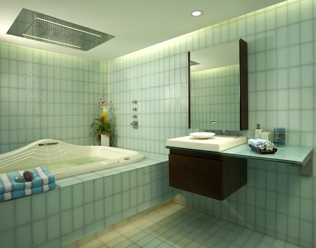 minimalistisk-badrum-grön-matt-toner-växtdekoration