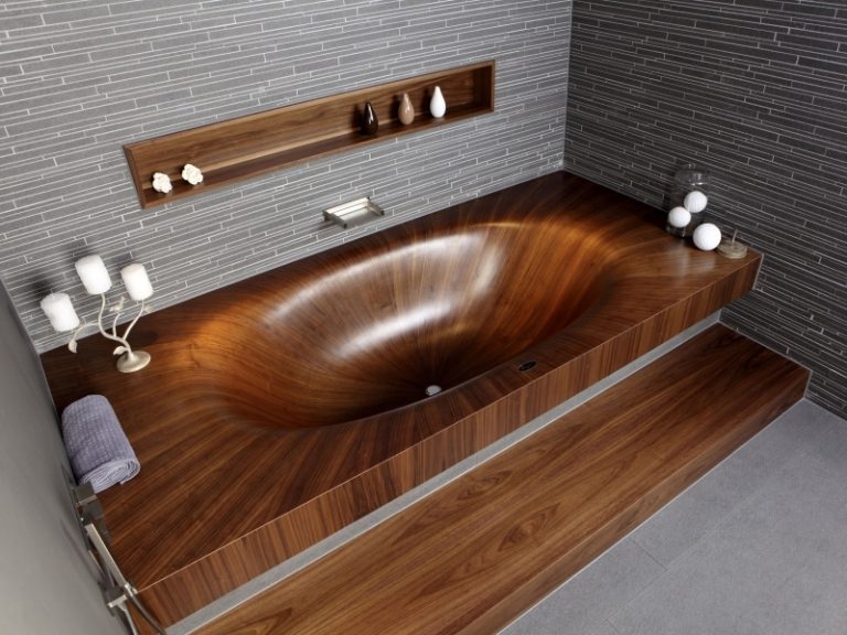 Badrumsmöbler-trä badkar-vägg hylla-granit kakel-vägg design