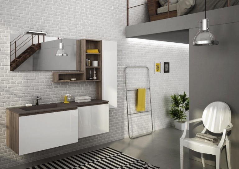 Badrumsmöbler-vit-modern-valnöt-trä-modern-loft lägenhet