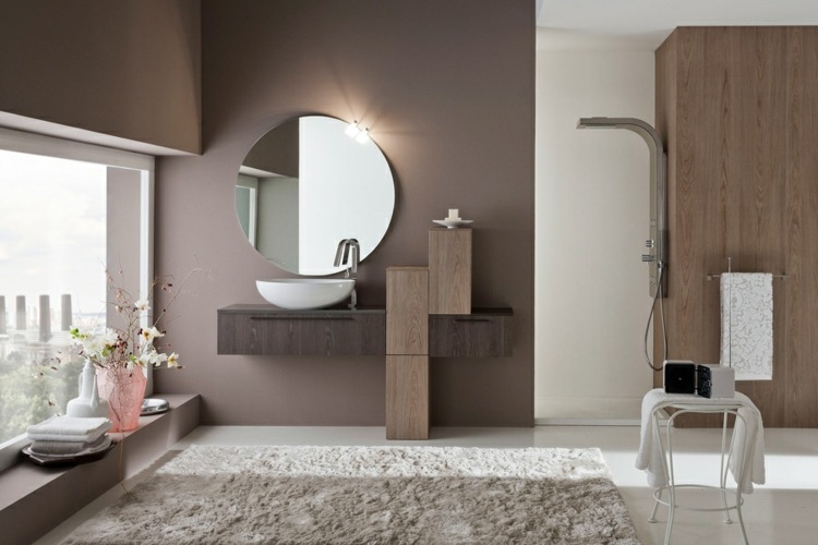 Badrumsmöbler trä badrumsskåp rund spegel modern inredning