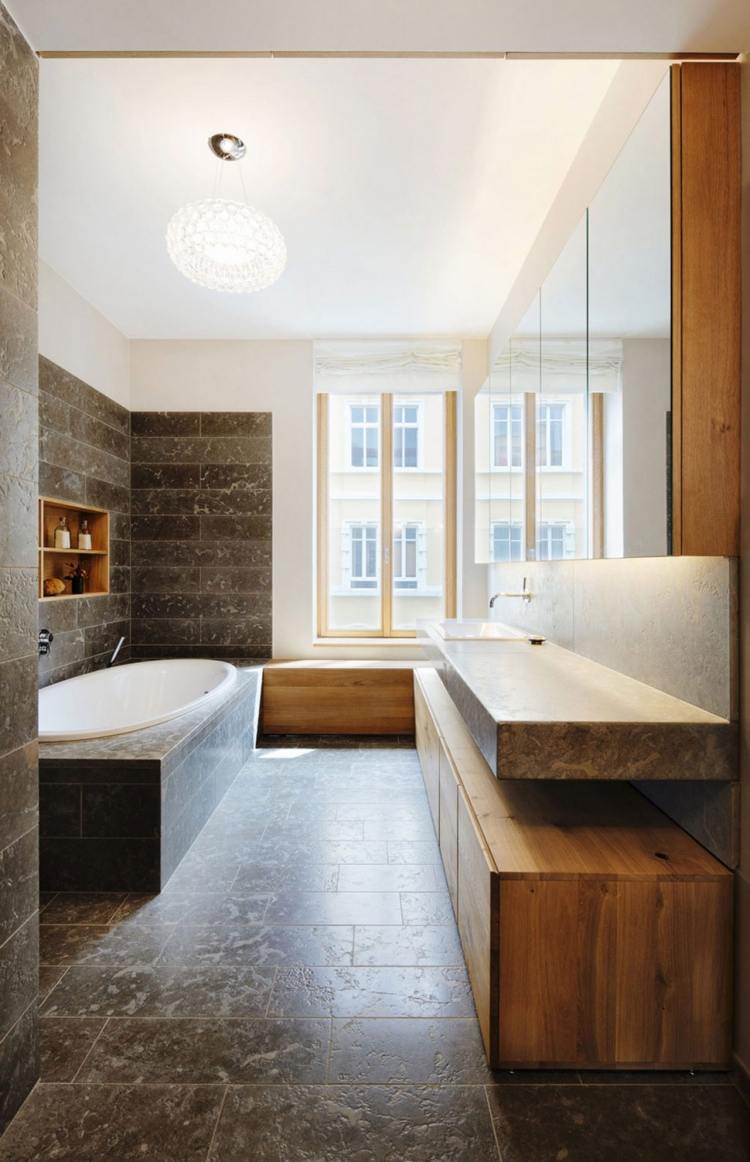 Badrumsmöbler av trä -moderna-granit-svart-massivt trä-skåp-långfönster-badkar