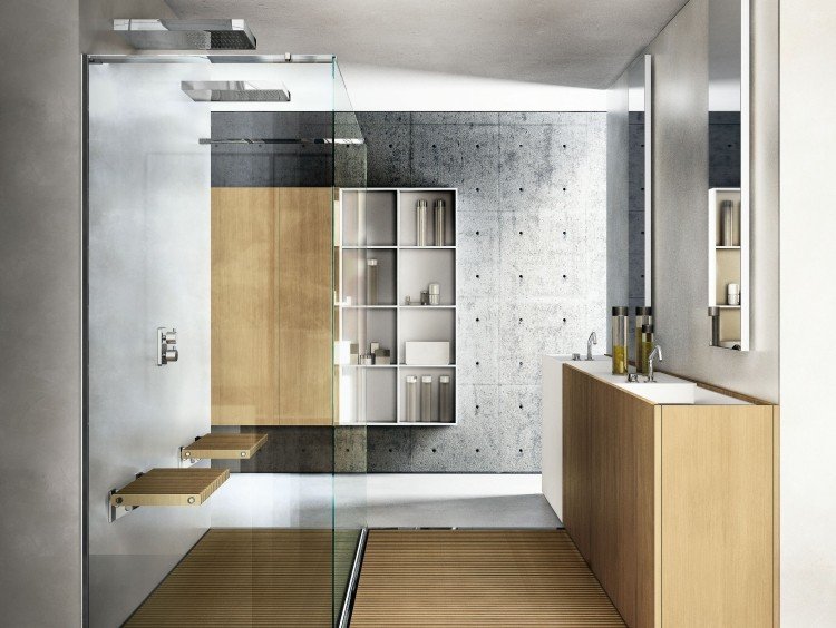 Badrumsmöbler av trä - dusch - duschkar - trägolv - trälister - betong
