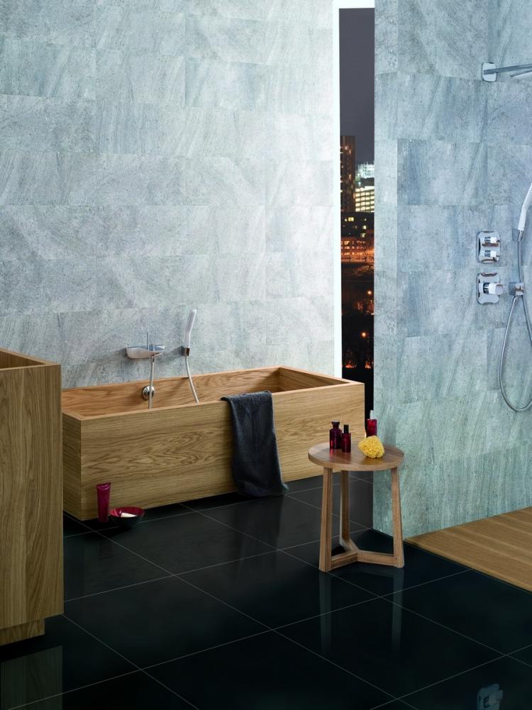 Badrumsmöbler av trä -bad-dusch-granit-grå-svart-golv-slätt