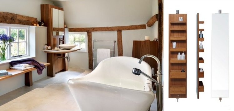 Badrumsmöbler av trä - badkar - hyllor - enkelt - modernt - hus på landet