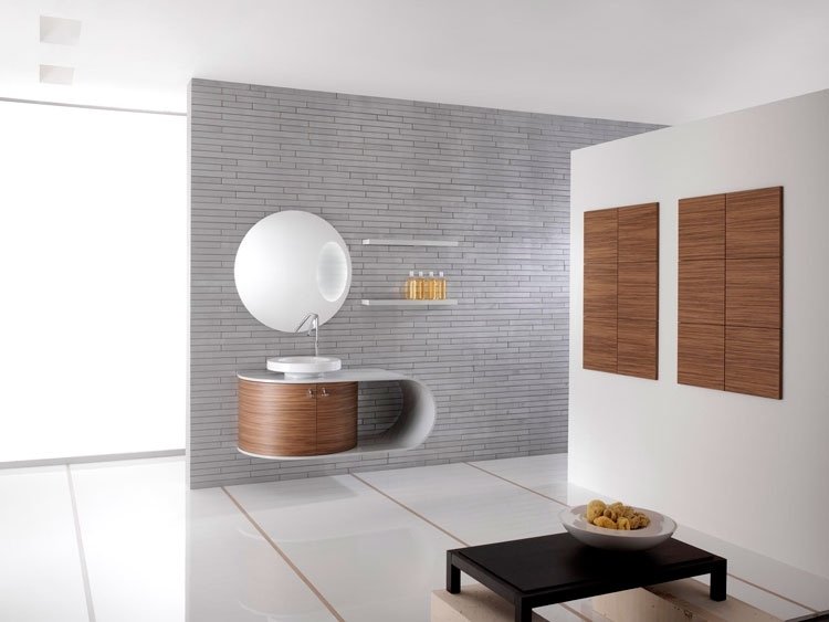 badrumsmöbler-trä-modern-oval-slät-grå-tegel-spegel-cirkel-Piaf-Foster