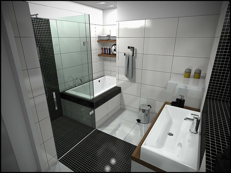 badrumsmöbler små badrum minimalistisk mosaik svartvitt väggnischbadkar