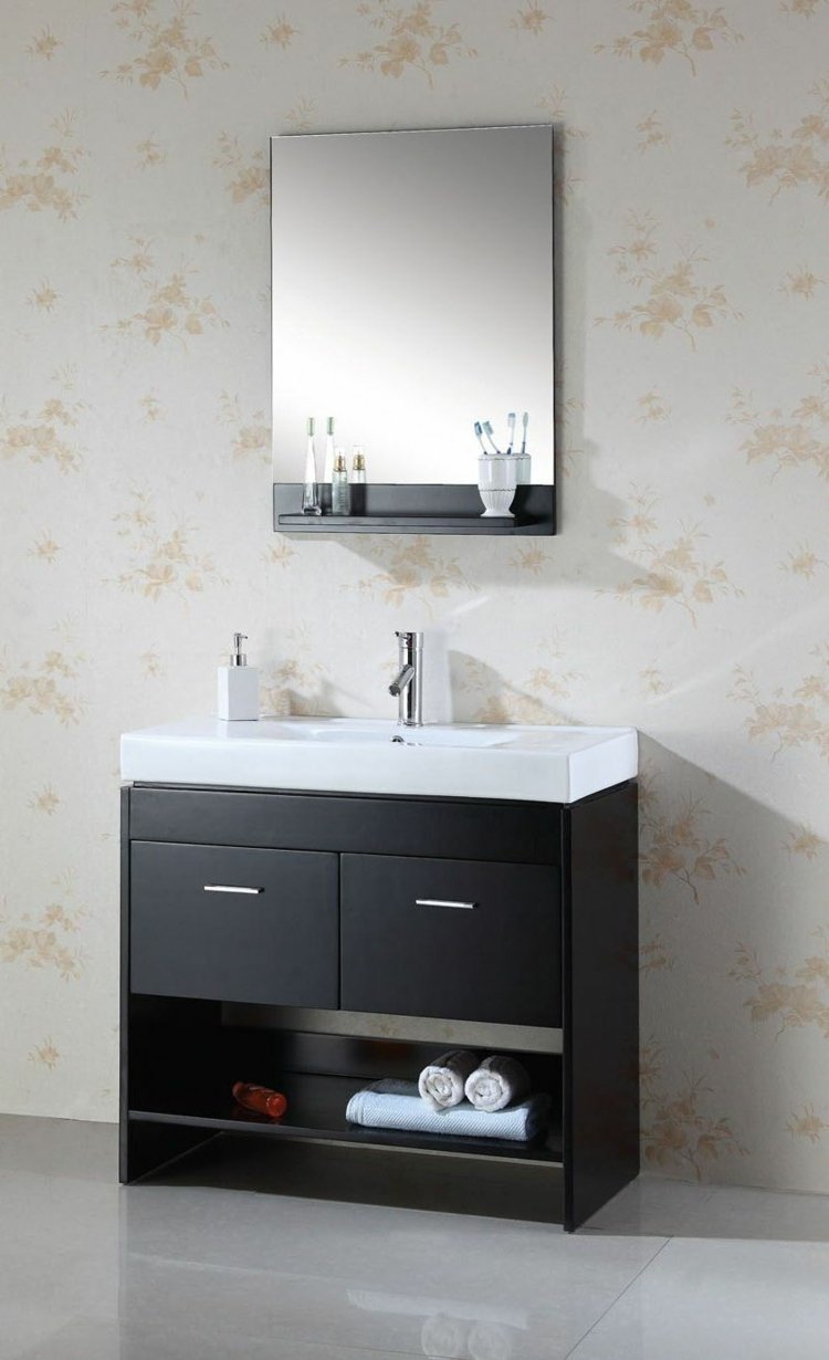 badrumsmöbler små badrum ikea design mörka trä lådor