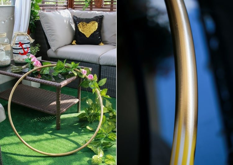 Gör din egen balkongdekoration med en hula hoop och blommor till väggen