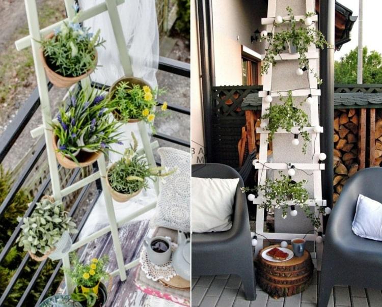 Gör din egen balkongdekoration av trä - dekorativ stege eller staffli för blommor och sagoljus