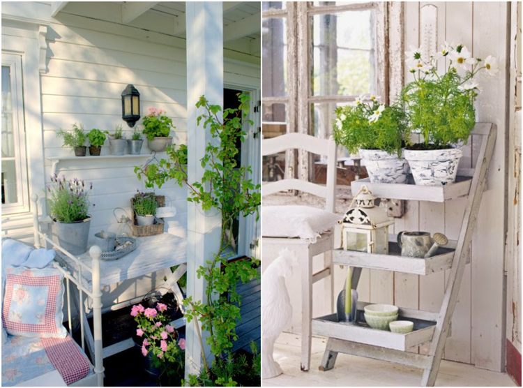 Balkongdesignidéer Shabby chic look vita växter