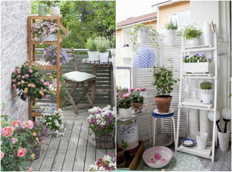 Balkong inrättat vertikalt växtställ träblommor