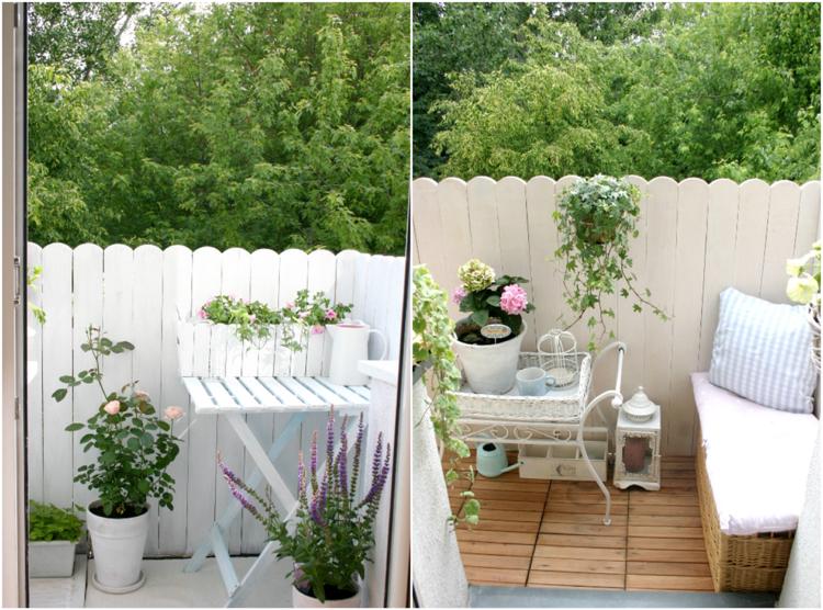 Dekorera balkongen shabby chic stil vit träräcke ogenomskinlig