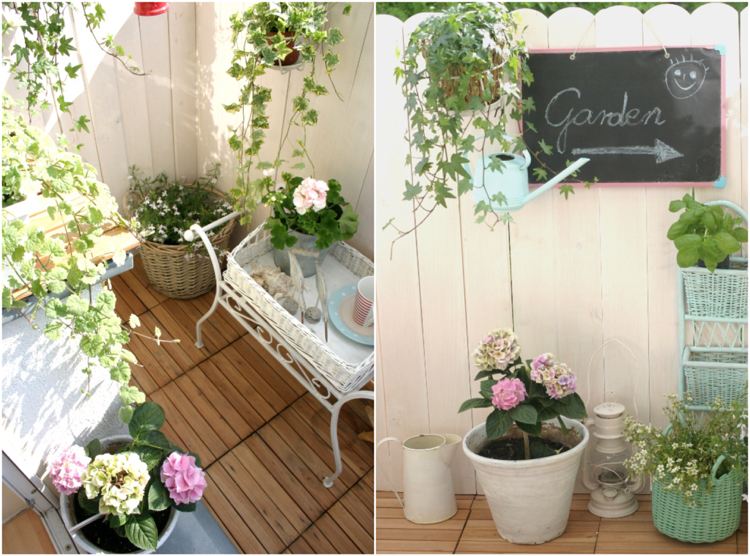 Balkongdekoration i shabby chic stil träplattor korggröna