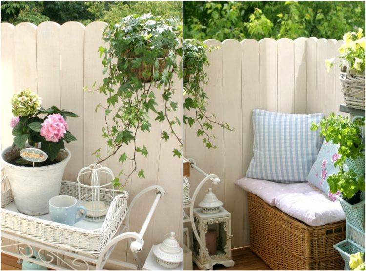 Balkongidéer möblerar shabby chic style räcke staketoptik