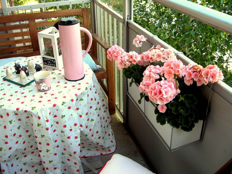 Pelargoner i rosa blomlåda på räcke balkong lantlig stil