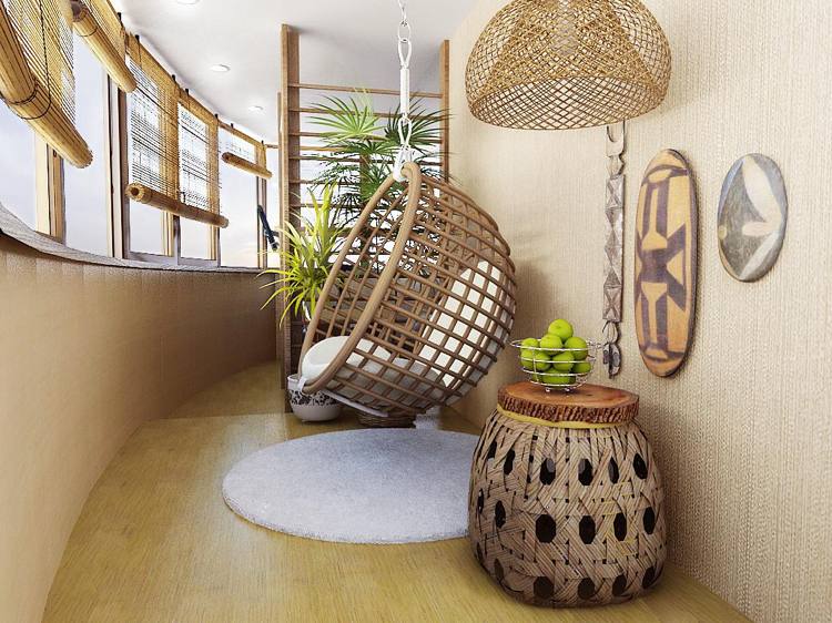 balkong-design-trä-beklädnad-hängande stol-exotiska-glas