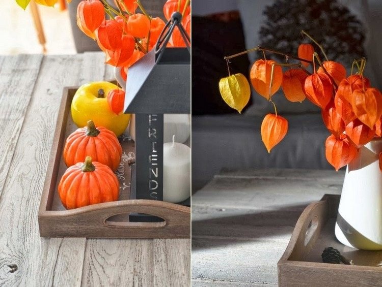 balkong-höst-dekorera-idéer-trä-bricka-pumpa-lampion blomma