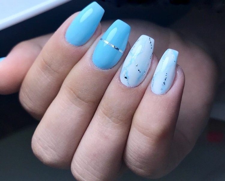 Coffin Nails Nail Shape Marble Blue White Silver Accents