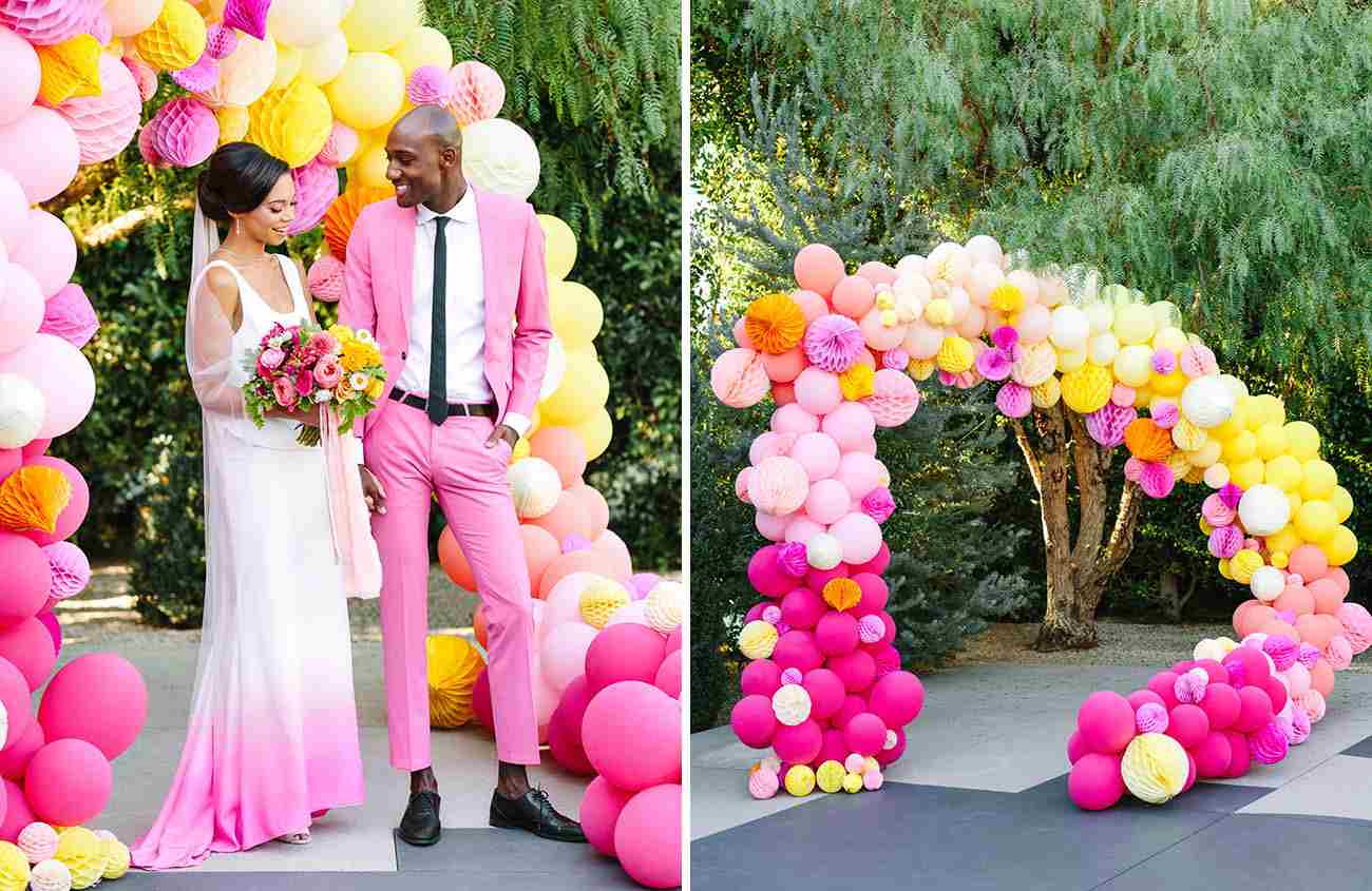 Ballongbåge och ballongkrans ljusa färger bröllop rosa gul