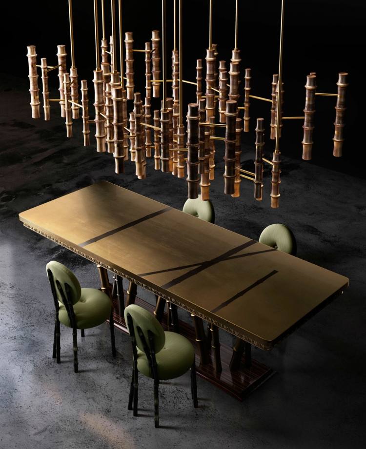 möbler bambu design ljuskrona idé matbord trä ädla material läder