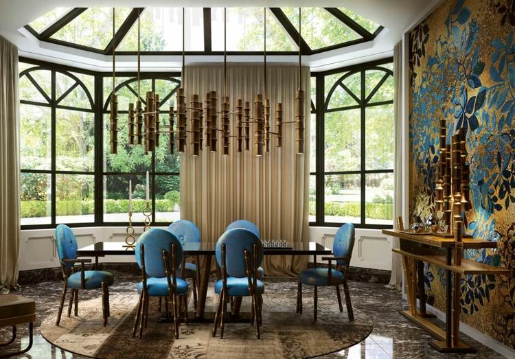 bambu möbeldesign ljusblå stolar ebenholts elegant väggdesign guld accent