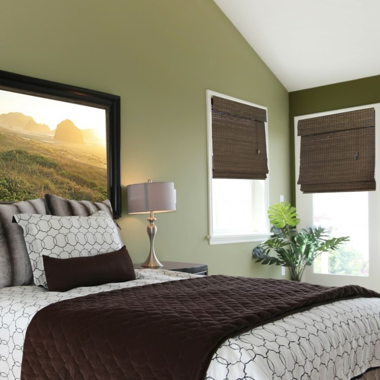 bambu rullgardiner design väggfärg oliv sovrum säng brun accenter väggmålning