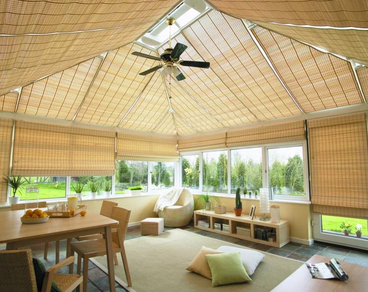 design bambu rullgardiner vinterträdgård idé glasning lowboard matbord