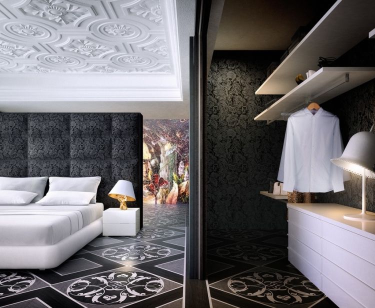 barock-design-marcel-vandrar-sovrum-svart-vit-sänggavel-tapeter-stuckatur