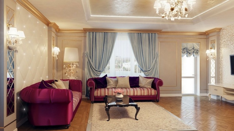 barock-möbler-moderna-soffor-klädsel-satin-lila-indirekt-belysning-parkett-golv-vägg