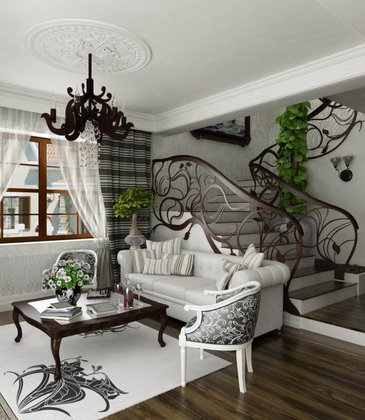 barock-fåtölj-möbler-modern-vit-trappa-räcke-heligt golv