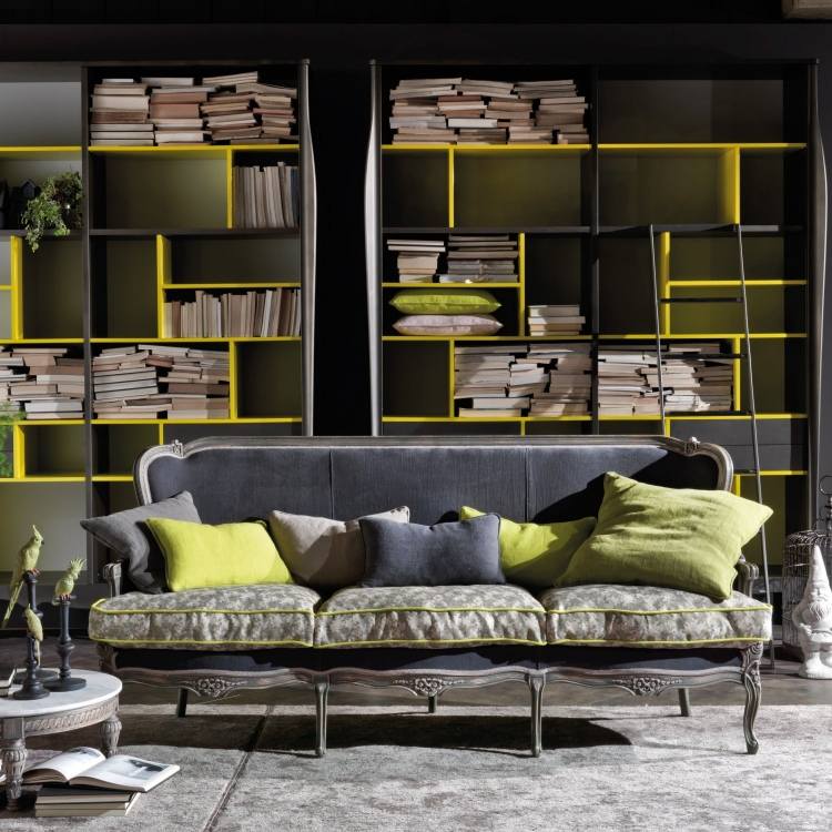 barock-möbler-modern-soffa-grå-neon-grön-akyente-biblioteksvägg