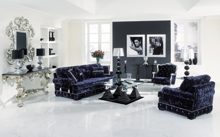 barock-möbler-modern-svart-vit-silver-sammet-glas-reflekterande yta