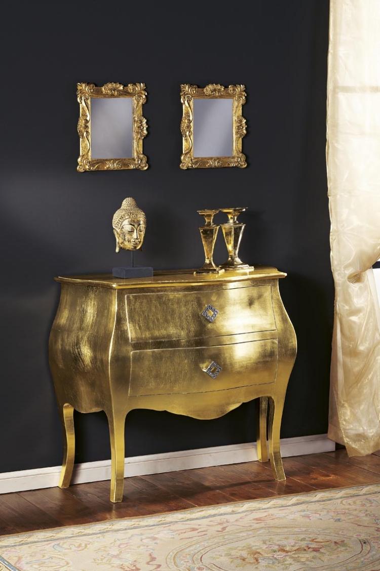 barock-möbler-modern-byrå-spegel-guld-vägg-färg-svart-dekoration