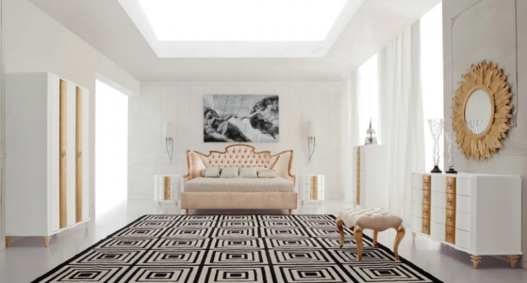 barock-möbler-sovrum-modern-vit-guld-matta-mönster-svart