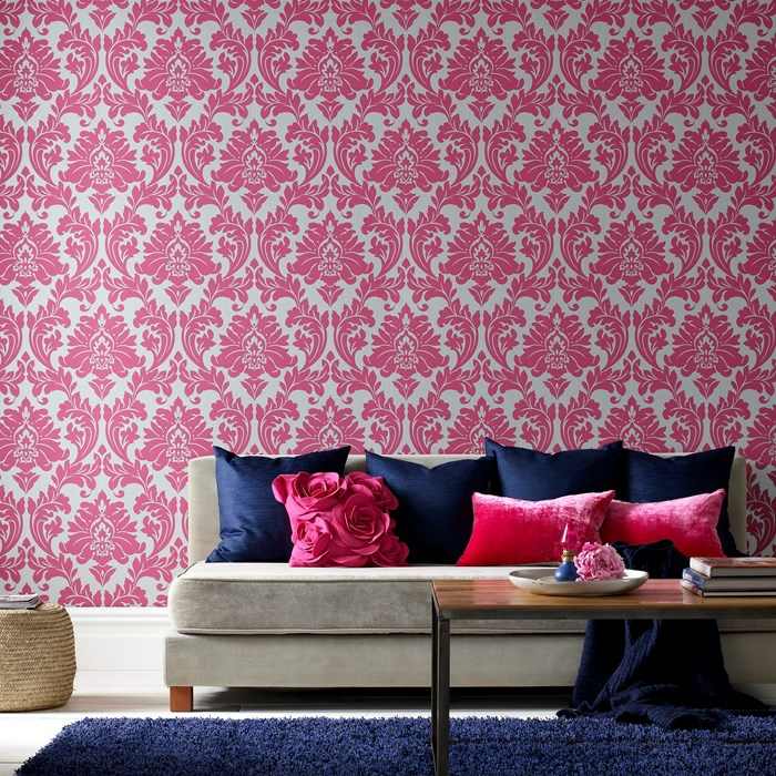 Barock rosa vitt mönster stort vardagsrum vägg design